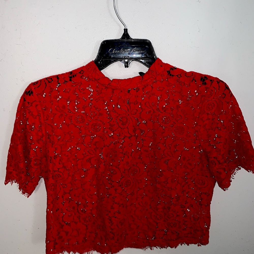 EXPRESS Red Laced High Rise Top with Gold Zipper